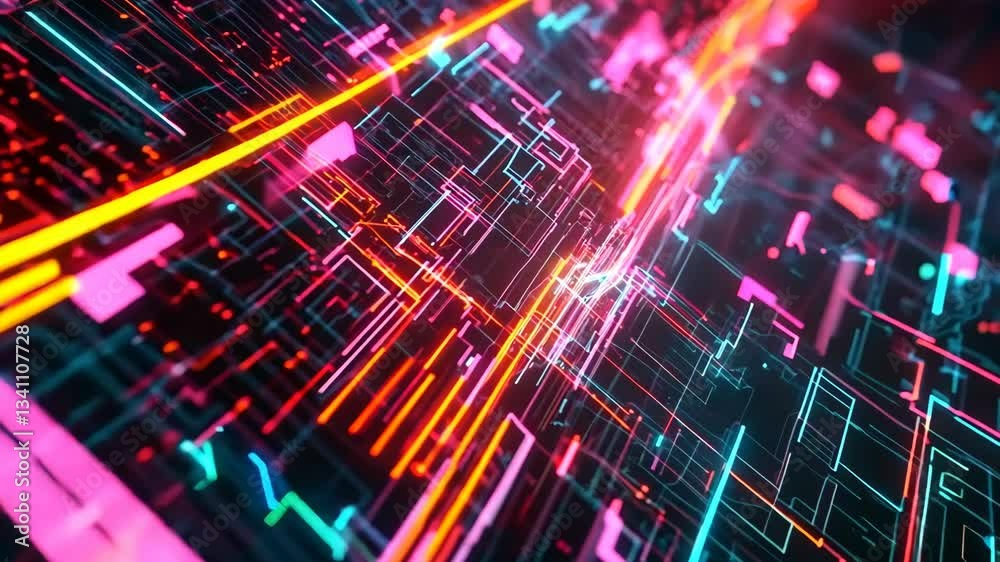 Neon lights reflecting off a high-speed data stream; capturing the fast-paced world of digital communication.