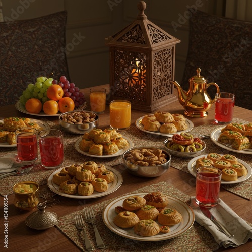 Ramadan kareem iftar time foods with family dates fry foods cake