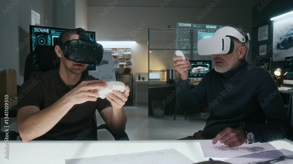 Medium shot of two male automotive engineers working together on new concept car using virtual reality headsets, holding clay model and manipulating digital visualization with handheld control