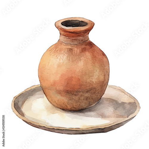 A Watercolor clear Clay Jar with a clear plate Front View. Traditional Persian New Year Hyacinth, isolated on a white background. Nowruz vector design set