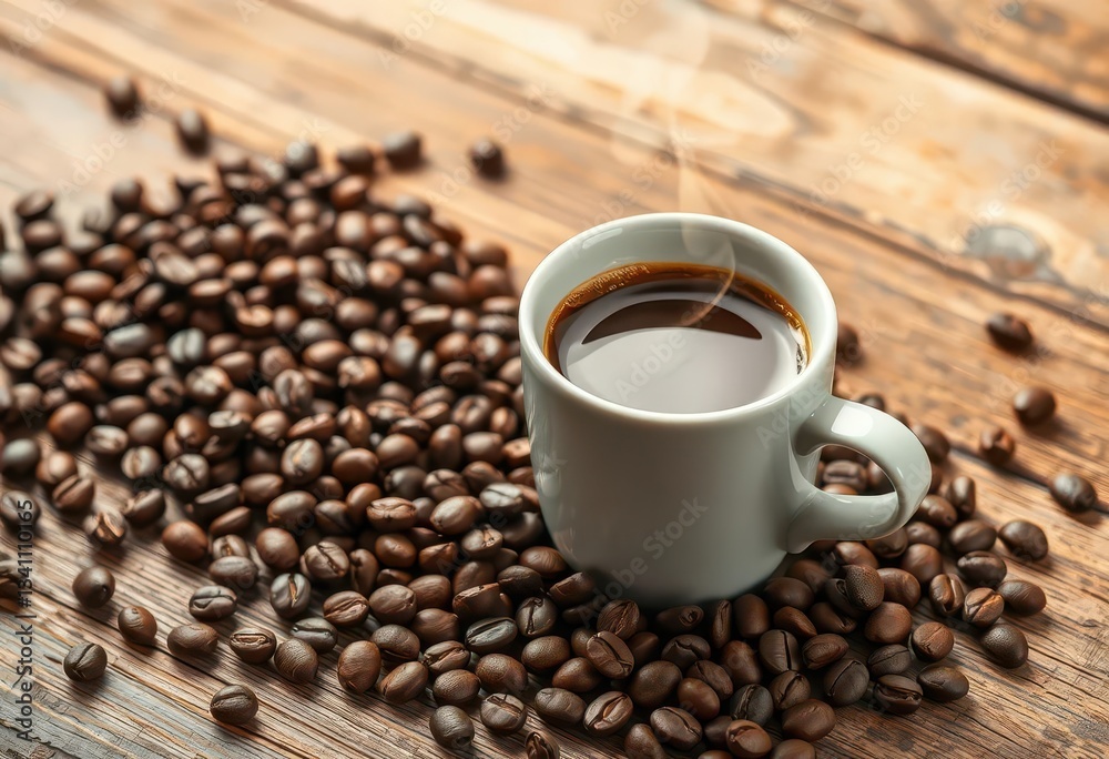 Fototapeta premium A steaming cup of coffee beside scattered coffee beans on rustic wood, morning, table