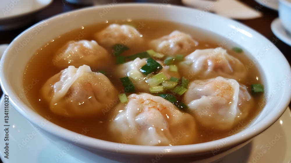 Chinese wonton soup pork and shrimp wontons floating in a clear broth garnished with scallions Chinese wonton soup pork and shrimp wontons floating in a clear broth garnished with scallions