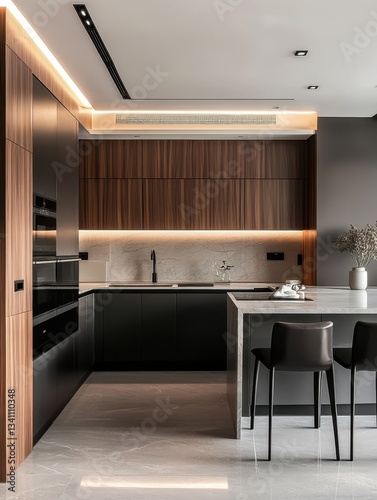 Modern kitchen interiors showing a design of black appliances and wood