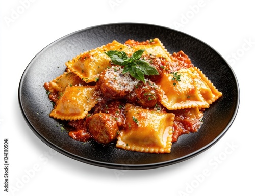Ravioli with meat sauce and meatballs photo