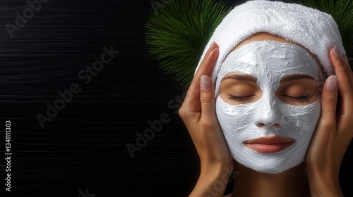 A serene woman enjoys a relaxing facial treatment at a spa applying a luxurious hydrating face mask for skincare therapy and rejuvenation.
