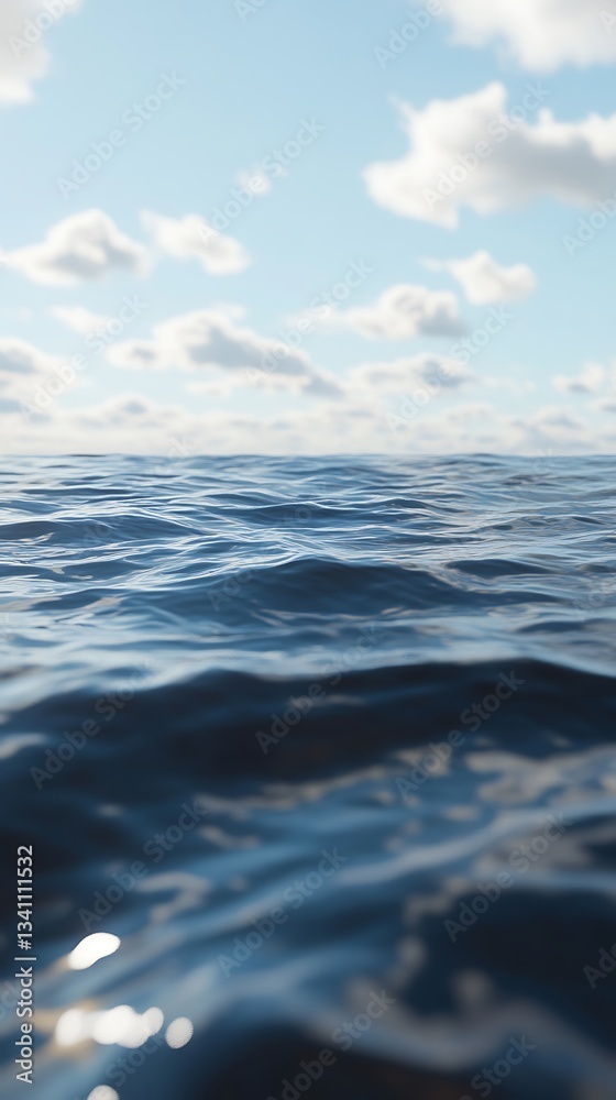 Fototapeta premium A serene view of calm ocean waters under a bright blue sky with fluffy clouds.