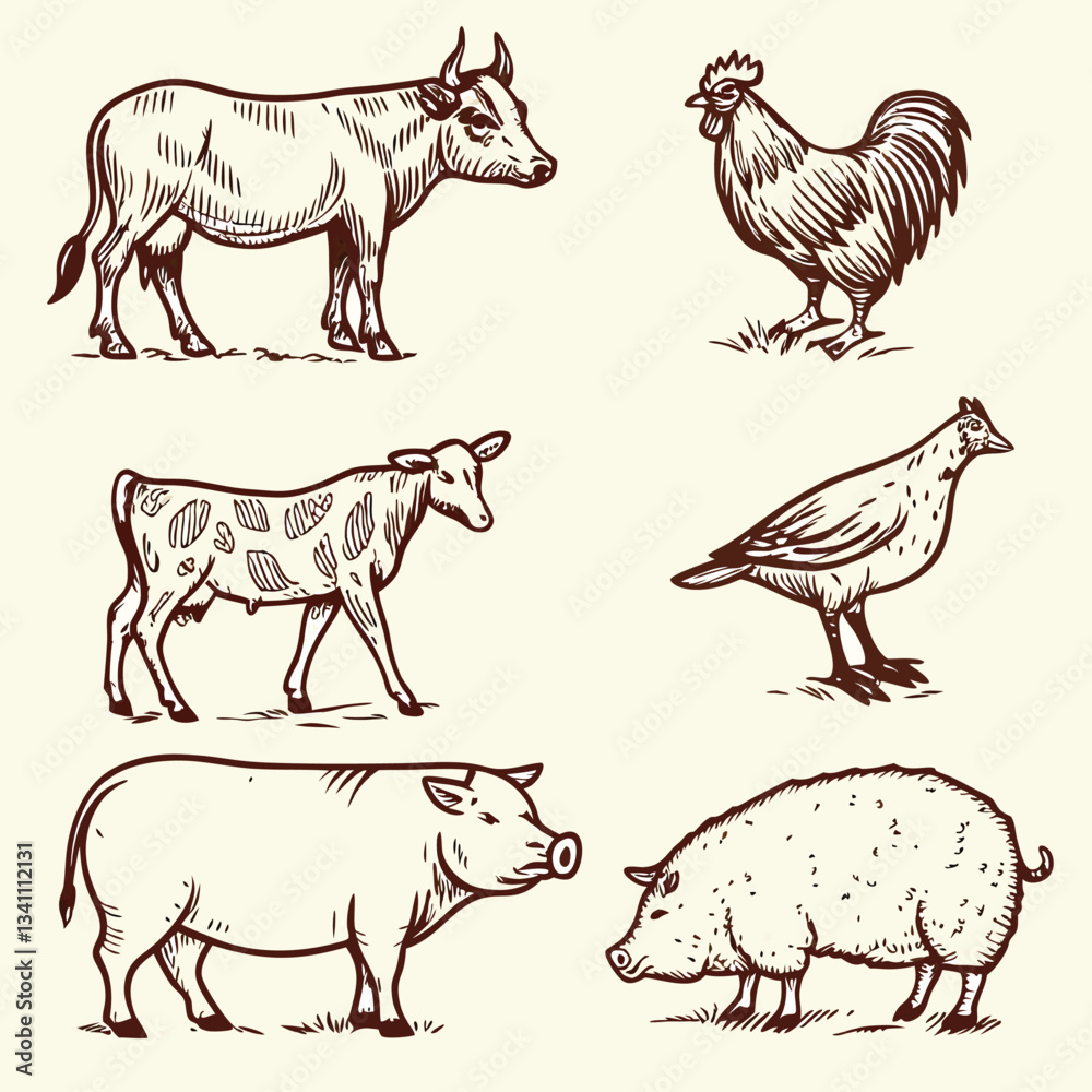 Fototapeta premium Rustic Hand-Drawn Farm Animals Illustration Set