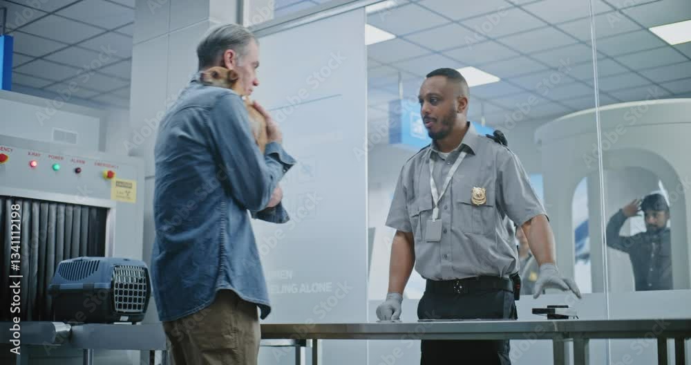 Airport Terminal: Mature Man with Pet at Security Checkpoint. African American Security Officer Inspecting Dog, Scanning with Metal Detector. TSA Pet Screening Procedures before Boarding Flight. Airport Terminal: Mature Man with Pet at Security Checkpoint. African American Security Officer Inspecting Dog, Scanning with Metal Detector. TSA Pet Screening Procedures before Boarding Flight.