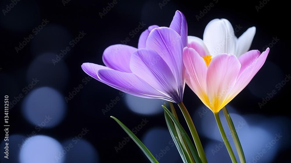 Colorful blooming crocus flowers with blurred background creating a serene atmosphere in springtime garden Colorful blooming crocus flowers with blurred background creating a serene atmosphere in springtime garden