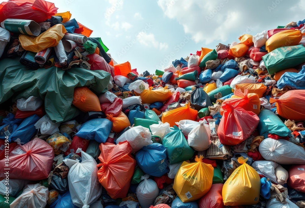 Fototapeta premium Overfilled garbage dump, overflowing plastic bags , environmental damage, plastic pollution