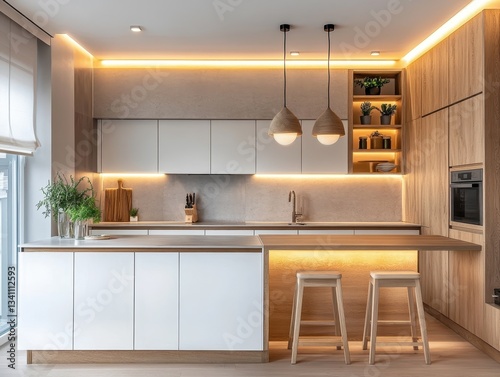 A modern and elegant kitchen with wood accents