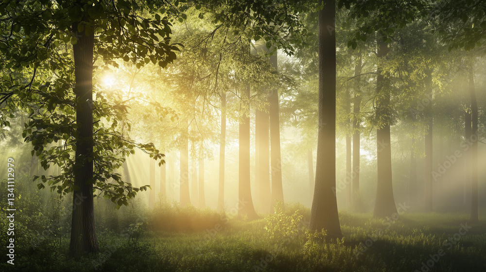 Obraz premium Sunlight filters through trees in a serene forest during early morning hours