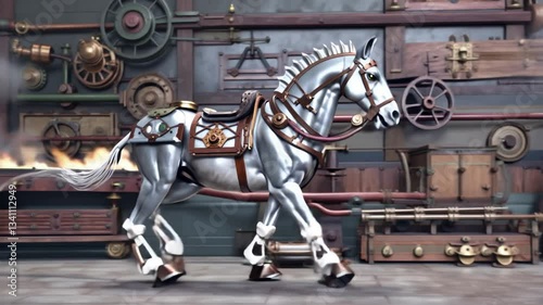Mechanical Stallion: 3D Steampunk Horse in a Retro-Futuristic Workshop