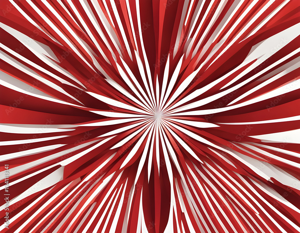 Fototapeta premium Vibrant red and white radial sunburst pattern with converging lines creating a bold optical and geometric visual effect background
