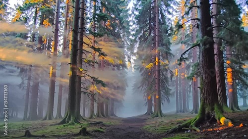 Misty Forest Morning: Fog Rolling Through Tall Trees