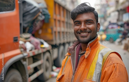 A young Indian garbage removal worker is seen grinning at the camera while standing next to a garbage truck on a city road.