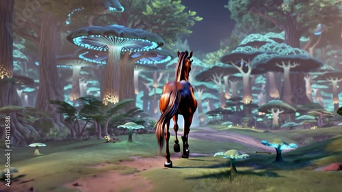 Mystic Forest Stallion: 3D Horse Among Giant Luminescent Mushrooms