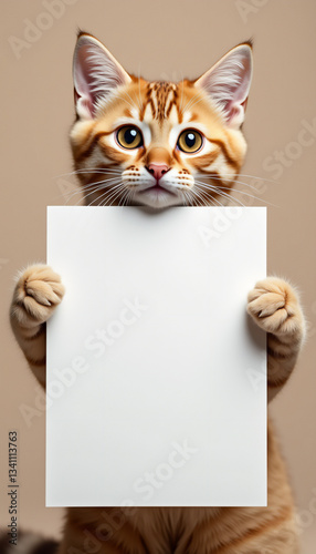A cute orange and white tabby cat holding a blank white sign with both paws, looking directly at the camera with an innocent expression.