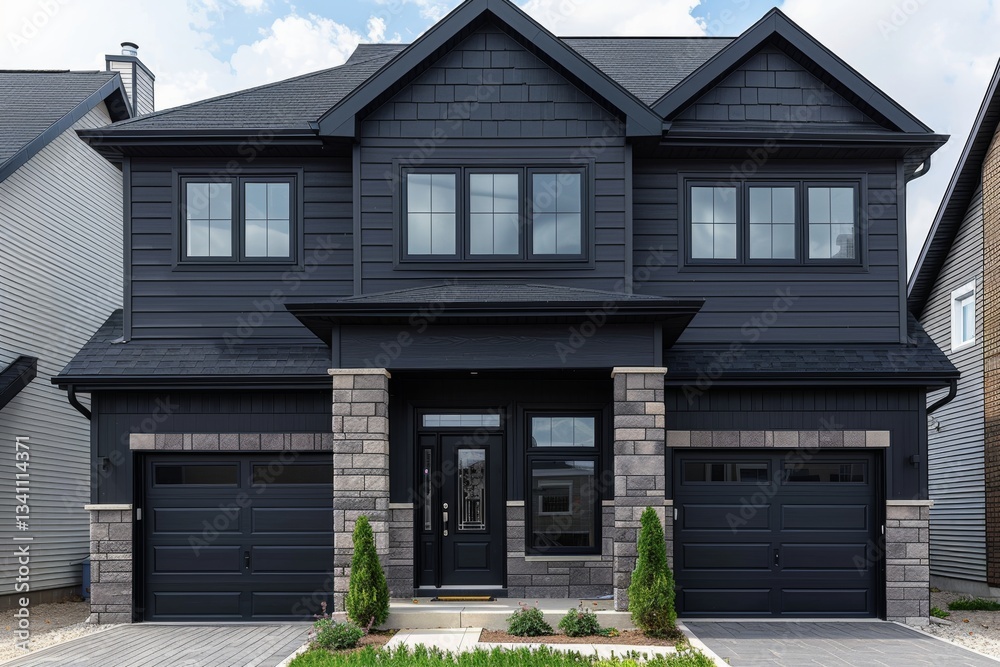 Fototapeta premium Elegant luxury home facade featuring a spacious garage and impressive driveway design