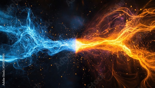 A clash of opposing energies, blue and orange forces collide in a dramatic display of power.  Particles of light and heat swirl around the point of impact