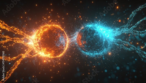 Two spheres of fire and ice collide.  Energy streams connect them