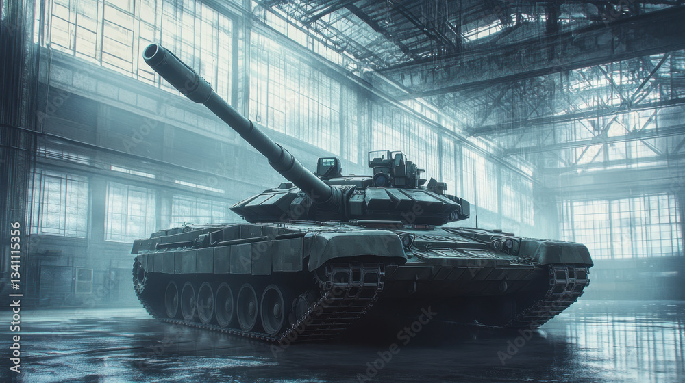 Fototapeta premium A heavy tank is prominently displayed in an industrial warehouse, illuminated by soft, diffused light streaming through large windows