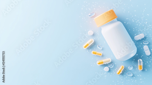 Plastic bottle with spilled capsules and tablets on light blue background. Pharmacy and medication concept.