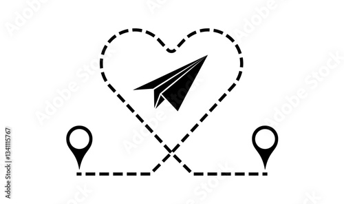 Heart shape route, paper plane business success vector. Airplane icon with route, pinpoint. Transport concept illustration to use for business strategy, summer holiday, business strategy projects. 