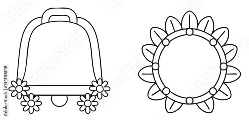 Line art illustrations of a bell with flowers and a floral frame design.