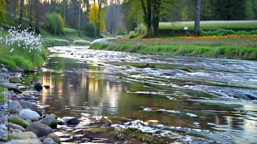 Tranquil River Flow: Slow Motion Water Flow in Serene Countryside