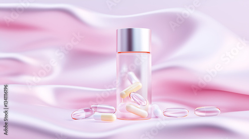 Small jar with capsules on soft pink satin background. Concept of gentle care and medical aesthetics.
