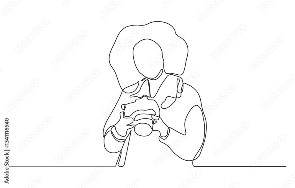 Continuous single line drawing of woman with DSLR camera taking pictures, The girl takes pictures with the camera one line is continuous vector illustration. Continuous single line drawing of woman with DSLR camera taking pictures, The girl takes pictures with the camera one line is continuous vector illustration.