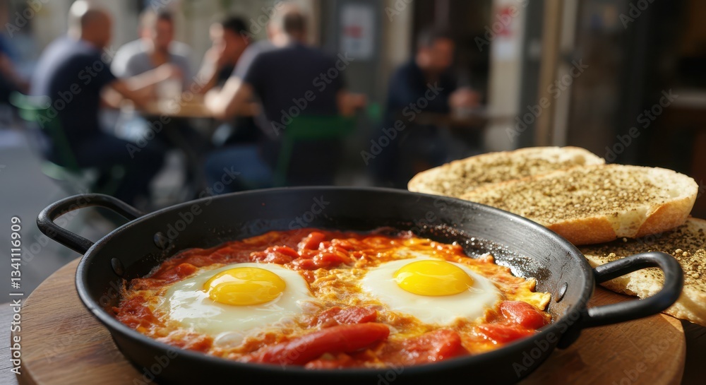 Eggs in Tomato Sauce with Bread Outdoor Cafe Setting Eggs in Tomato Sauce with Bread Outdoor Cafe Setting