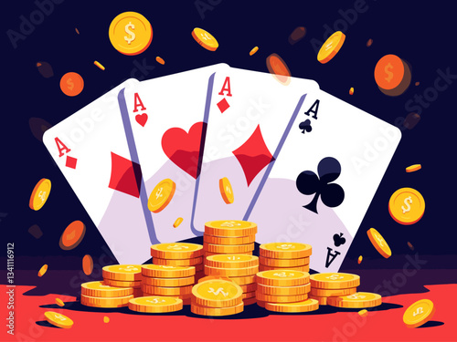  Four aces and flying golden coins. Casino business