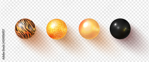 A set of four luxury 3D spheres with unique textures: tiger print, glitter, pearl, and glossy black. High-quality realistic rendering with soft shadows on a transparent background.