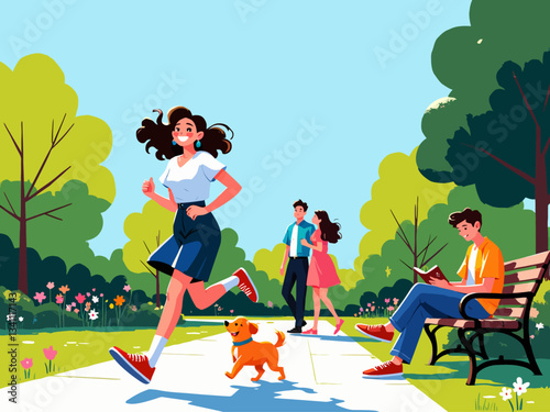  People walk in public park Cartoon woman running with pet man sitting on bench and reading book Couple walking