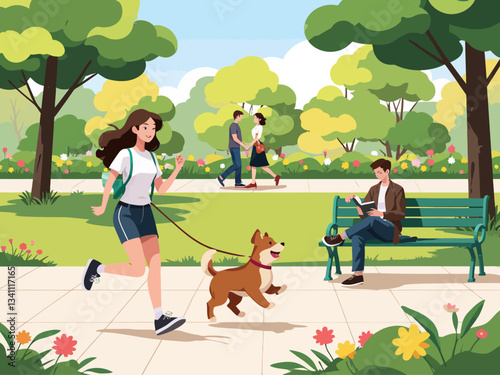  People walk in public park Cartoon woman running with pet man sitting on bench and reading book Couple walking
