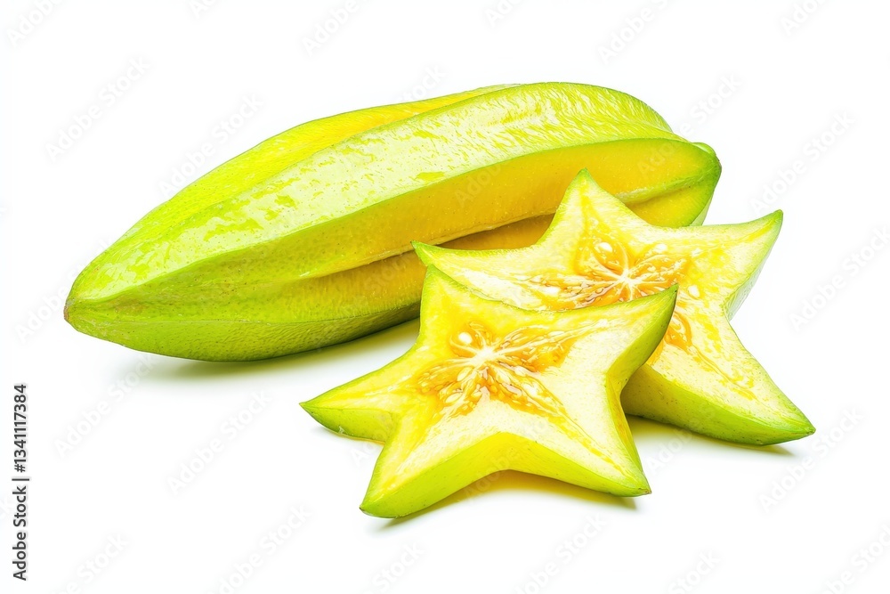 Fototapeta premium Fresh Starfruit Cut Open with Bright Colors on White Background
