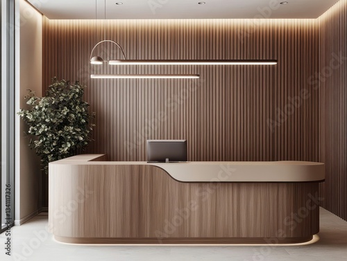 Wallpaper Mural The reception area features a wood and modern design Torontodigital.ca