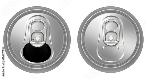 Two aluminum can tops are shown; one is unopened, while the other has its pull-tab lifted, revealing an open hole.