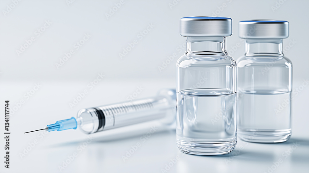Two glass vials and a medical syringe on a white background. Purity and minimalism in medical theme.
Two glass vials and a medical syringe on a white background. Purity and minimalism in medical theme.