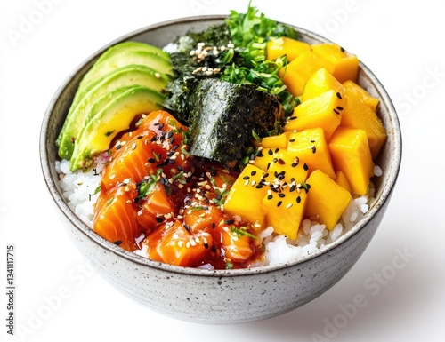 Colorful Hawaiian dish with rice, salmon, mango, avocado, and seaweed photo
