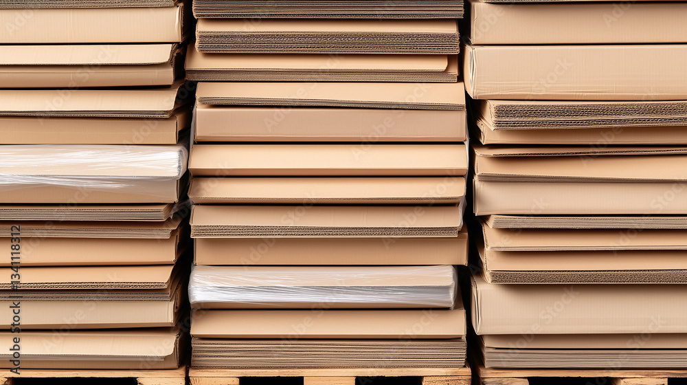 Fototapeta premium Stacks of neatly arranged cardboard boxes close-up. Concept of storage, logistics, and packaging.