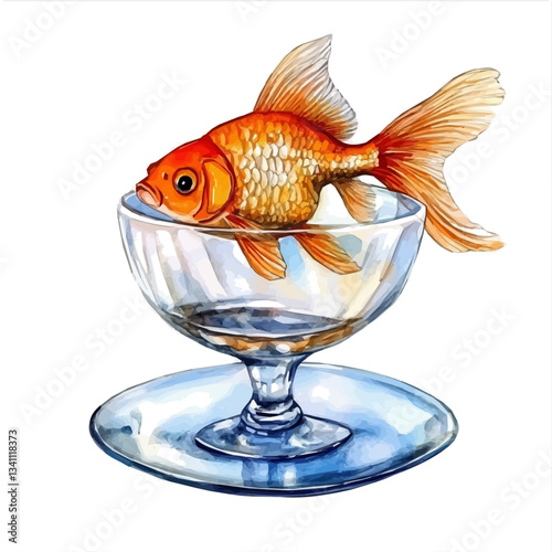 Watercolor Haft sin Goldfish in a Glass Bowl on plate. Traditional Persian New Year Garlic, isolated on a white background. Nowruz vector design set	