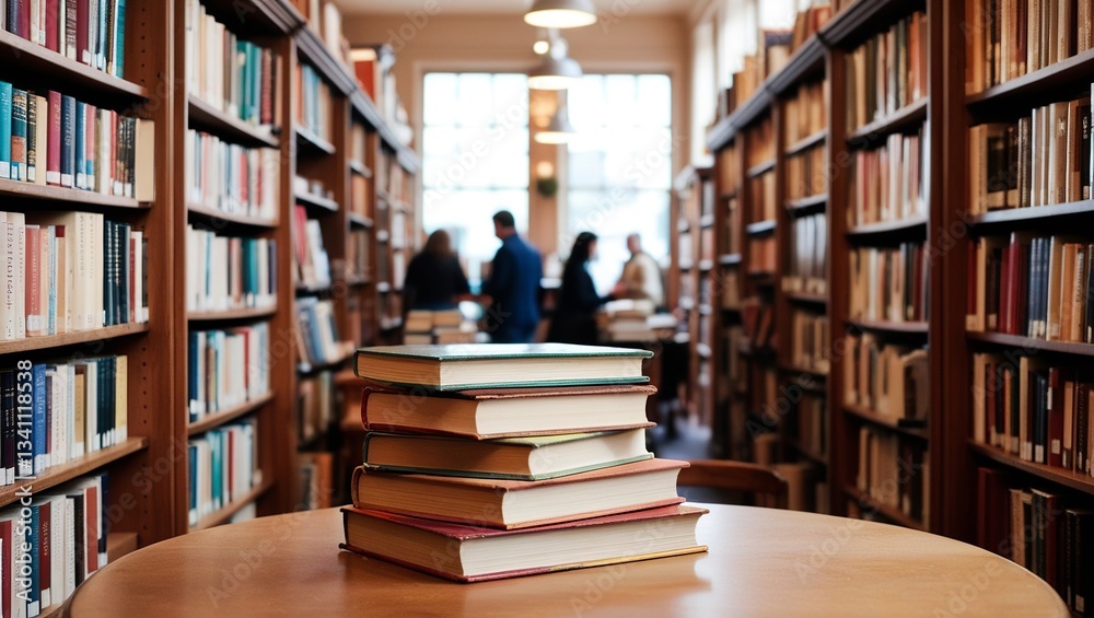 Fototapeta premium Stack of Books in a Classic Library Setting