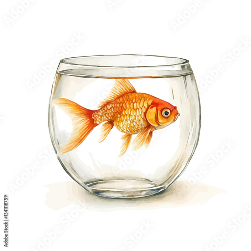 Watercolor Haft sin red Goldfish in a Glass Bowl. Traditional Persian New Year Garlic, isolated on a white background. Nowruz vector design set	