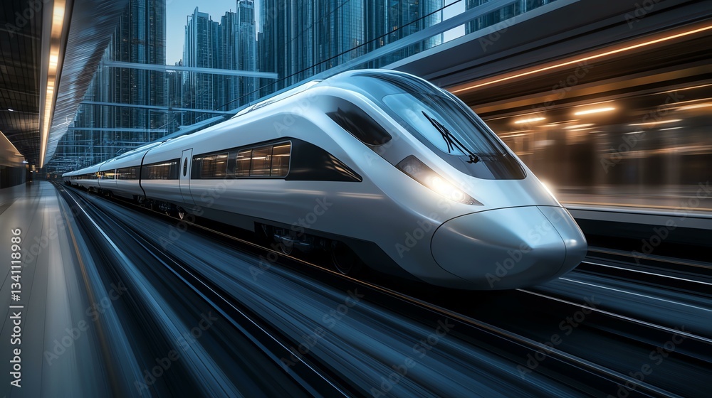 Eco-friendly Tech Futuristic high-speed train in a modern city.