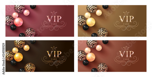 A set of luxurious VIP cards with decorative spheres. Beadswith unique textures: leopard print, glitter, mother-of-pearl and glossy black. Realistic 3D rendering with soft shadows. Exclusive or