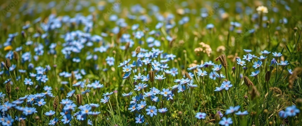 Fototapeta premium Tiny blue wildflowers carpet a sun-drenched meadow, image, alpine
