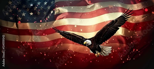 Flying eagle with waving America flag background. 4th of July or America independence day. Generative video AI technology.	
